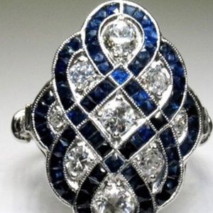 NEW 925 Sterling Silver Plated Vintage Blue Sapphire & Diamond Ring